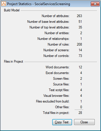 Project statistics for the SocialServicesScreening example project